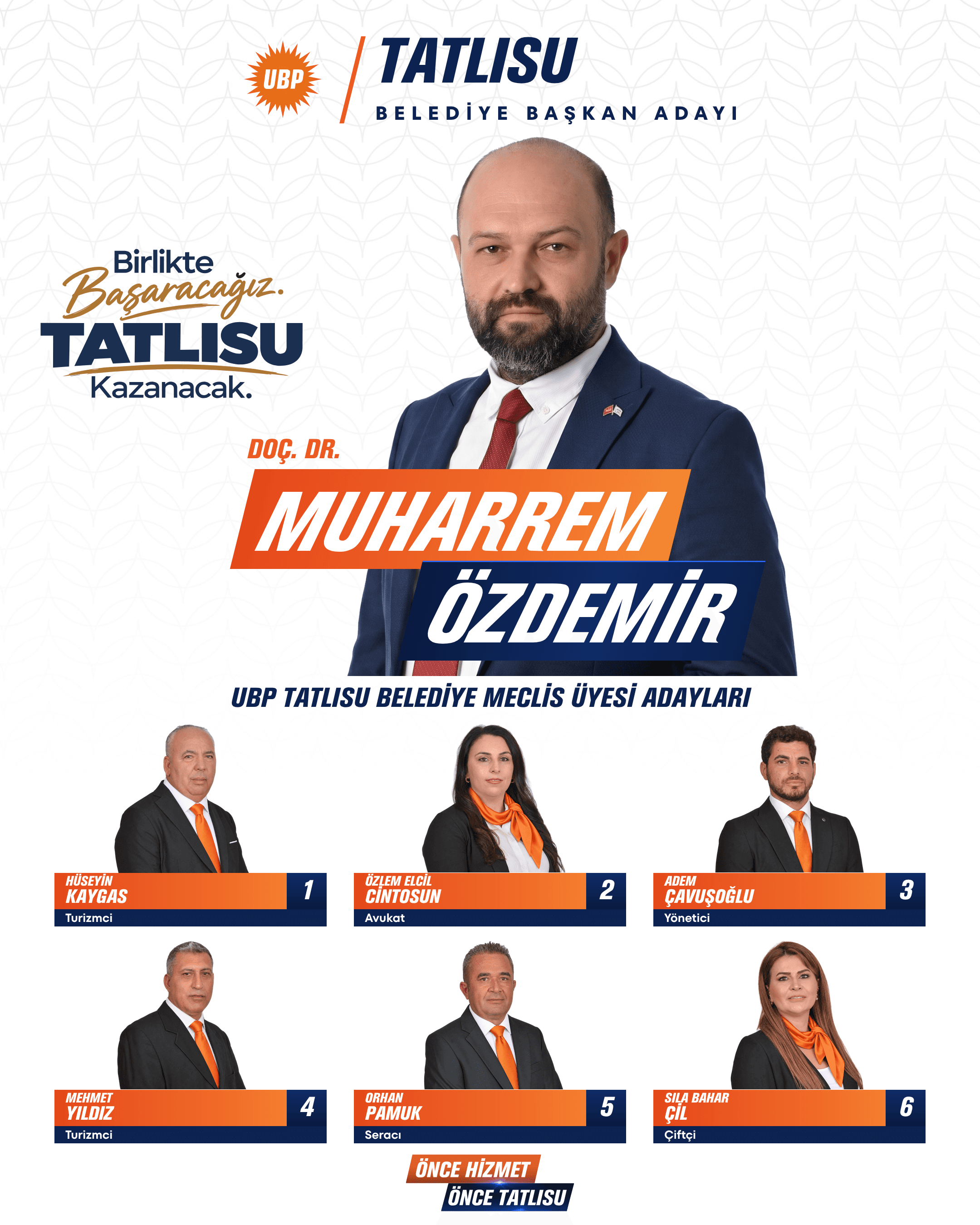 UBP Tatlısu Belediye Başkan Adayı Doç. Dr. Muharrem Özdemir ve altı meclis üyesi adayının yer aldığı kampanya posteri