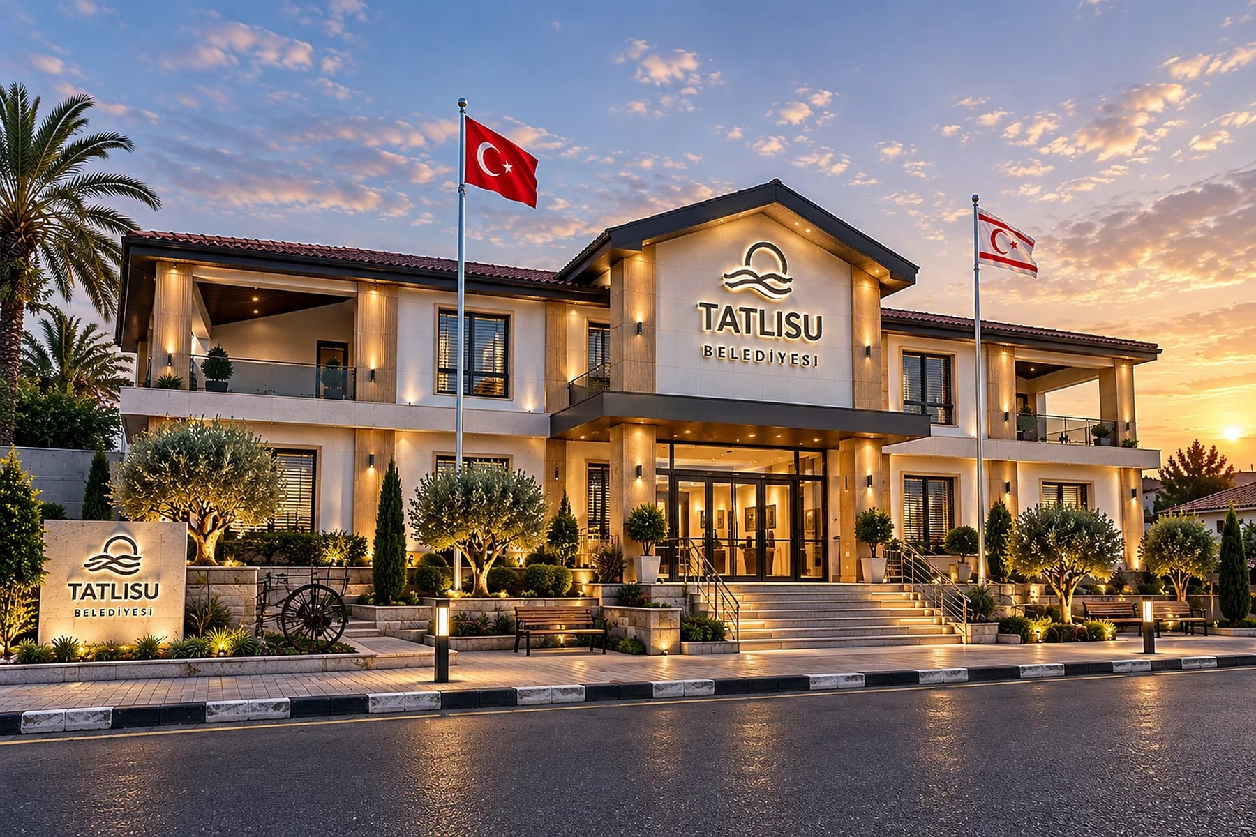 Tatlısu Belediyesi binasının akşam ışığında yenilenmiş cephesi ve önündeki tabela (proje tasarım görseli)