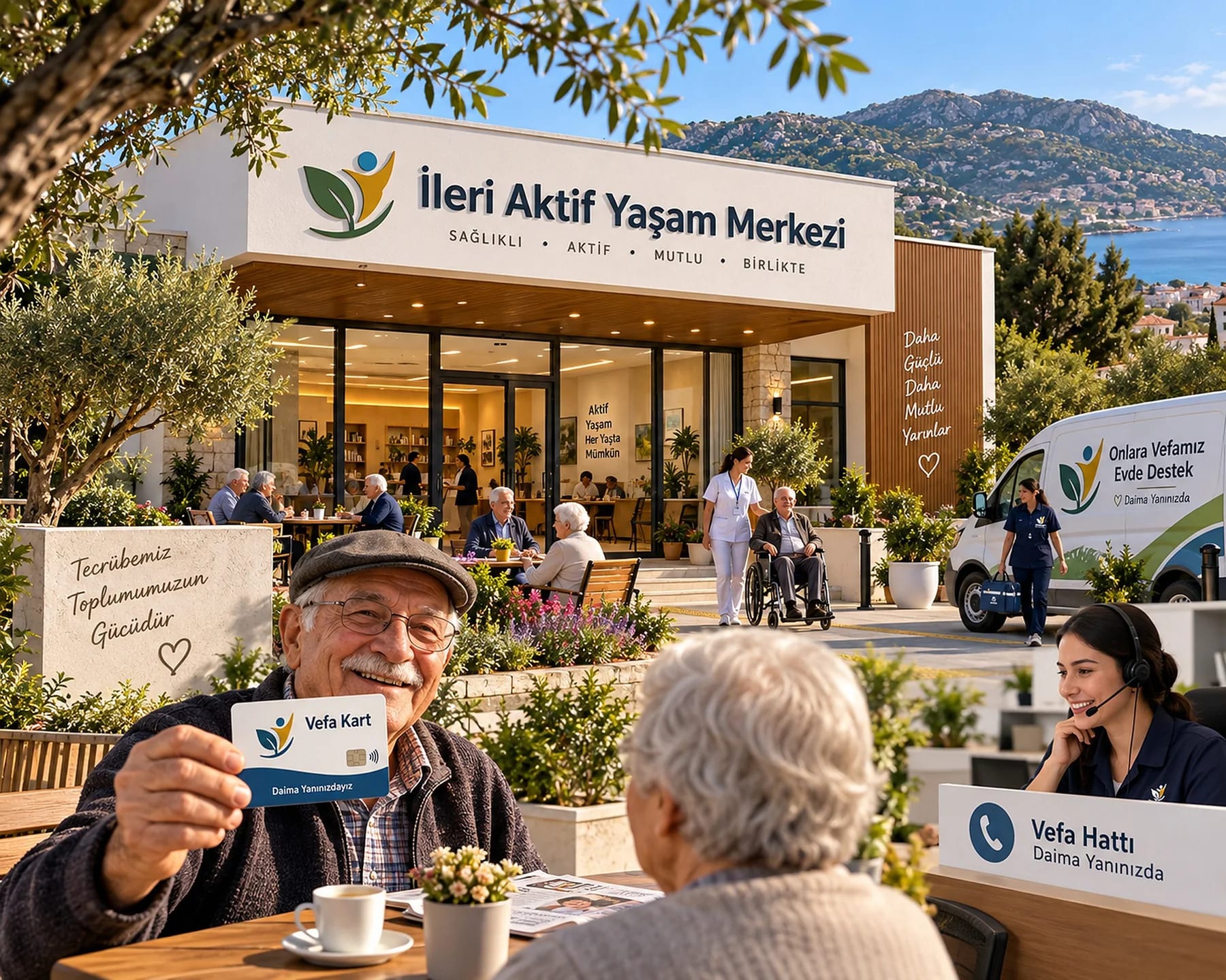 İleri Aktif Yaşam Merkezi önünde Vefa Kart'ını gösteren yaşlı bir vatandaş ve Vefa Hattı danışmanı (proje tasarım görseli)
