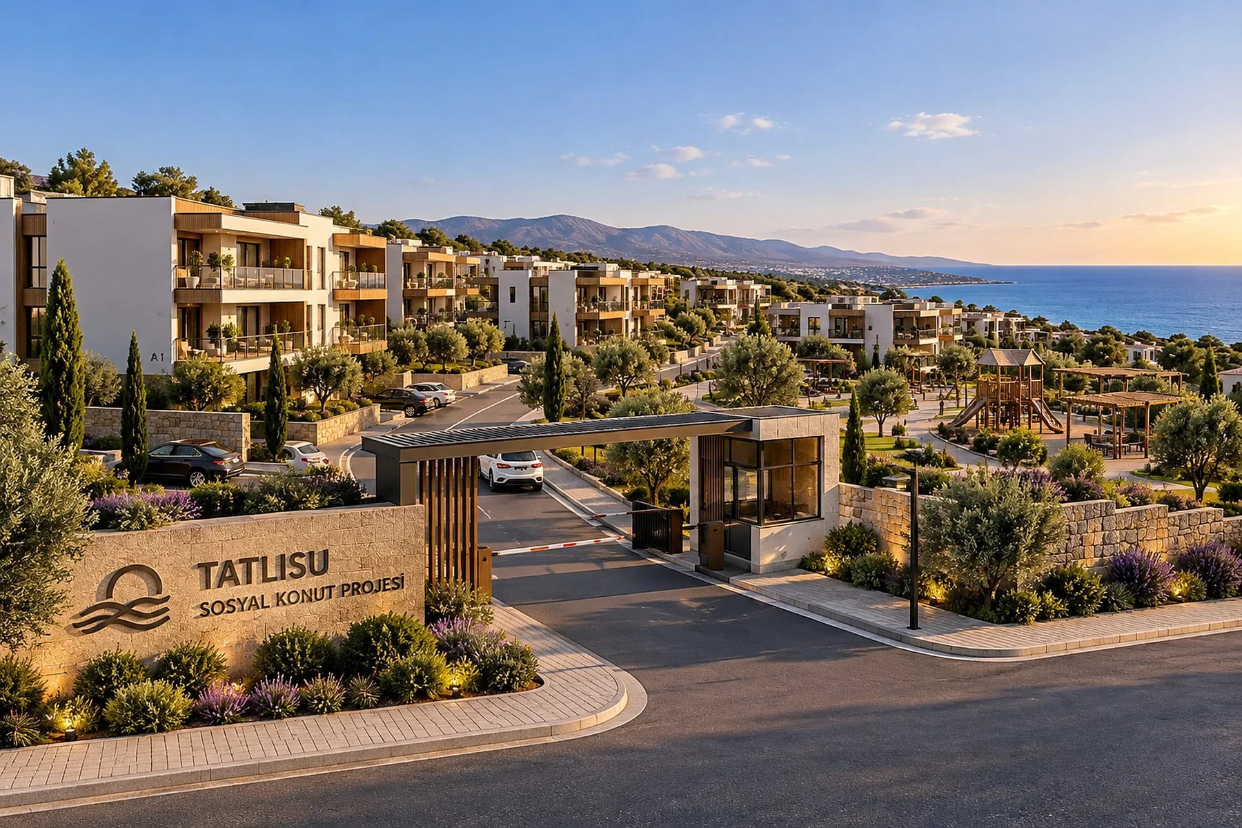 Denize bakan yamaçta Tatlısu Sosyal Konut sitesi girişi ve tabelası (proje tasarım görseli)